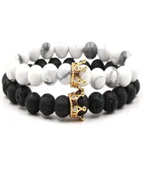 Nya svarta vita stenpärlor med guld Silver Color Crown Charm Armband för kvinnor män Bangles smycken Pulsera drop7870668