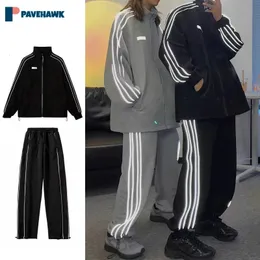 Retro Sports Set Men Women Spring Autumn Reflective Stripes Bomber Jacket Coatspants Casual Suit Unisex Harajuku Two Piece Sets 240429