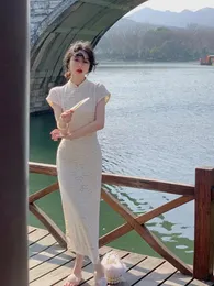 Partykleider elegante chinesische Frauen Cheongsam Vintage sexy gestopfte Mandarin Kragen Kurzarm Kleid Kleid Perlen Quasten Lace Qipao Vestidos