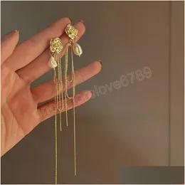 Dangle Chandelier Korean Tendy Metal Rose Flower Earrings For Women Ladies Gold Color Elegant Pearl Long Tassel Pendientes Party J Dhbtf