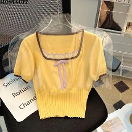 Kadın Sweaters 2024 Yaz Şık Kazak Kadınlar Örgü T-Shirt Külot Kısa Kollu Kare Yaka Bowtie Mahsul Tepeler Örgü Moda Şık