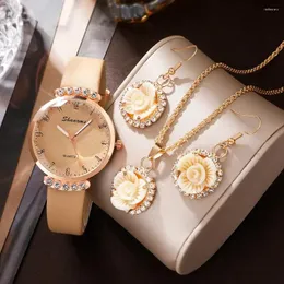 ساعة Wristwatches Watches for Women khaki Leather Band Ladies Watch Watch Simple Women’s Rasylog Quartz Wristwatch Jewelry Set Montre Femme