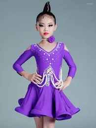 Stage Wear Childrens Latin Dance Dress Girls Professional Competition Dancewear Diamond Inlaid Floral Pearl Performance Costumes