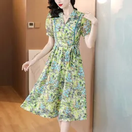 Party Dresses 2024 Fashion Silk Solid Color Dress Women's Summer Vintage V-Neck Fragmenterad Flower Loose Fit Casual Holiday Vestidos