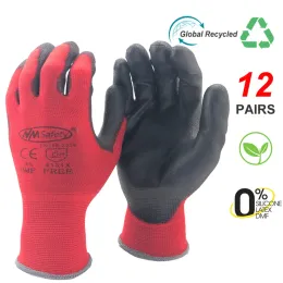 Gloves 2022 New Women's Gardening Men's Construction Protective Gloves Knitted Red Nylon Dipped PU Rubber Safety Work Gloves.