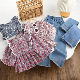 Conjuntos de roupas Girls Girls Conjunto 2024 Spring e Autumn Jeans Flor Salia de manga longa Camisa de duas peças para criança