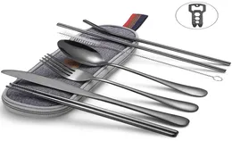 Sunhanny Dinnerwares -Set Travel Camping Castlery Set wiederverwendbares Silber mit Metallstrohlöffel Gabelstäbchen und tragbarer Hülle T28286223