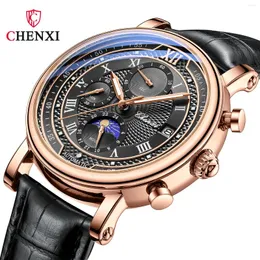 ساعة معصم Chenxi 976 Men's Watch Leather Chronograph Date Quartz Watches Phase Moon Timing Business Luminous Wrist Relojes Para