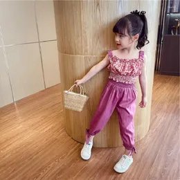Clothing Sets Childrens Summer Set 2024 Printed Sleeveless Top And Silk Ribbon Pants Lightweight Two Pieces Casual Comfortable