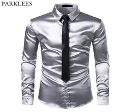 2pcs Silver Silk ShirtTie Mens Satin Smooth Tuxedo Shirts Casual Button Down Men Dress Shirts Wedding Party Prom Chemise Homme Y24730712