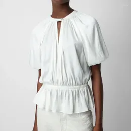 Женские блузки 2024 Летняя классическая белая блуза V-образное вырезок с бриллиантовой пуговица