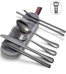 SunHanny Dinnerware Set Cretlers de camping de viagens Conjunto de talheres reutilizáveis com pauzinhos de garfo de palha de metal e estojo portátil T26352688