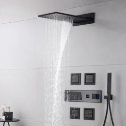 High -End -Schwarz -Badezimmer -Duschsystem Intelligente Digitale Display Wandtyp Schlüssel Design Four Funktion Kalt und heiße Dusche Dusche