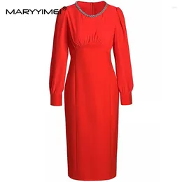 カジュアルドレスMaryyimei Fashion Women's Nail Beads Diamond Luxury Elegant Round Neck Longleeved Office Lady Hip Lap Pencil Midi Dress