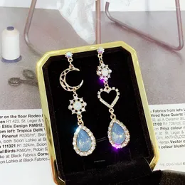 Dangle Earrings Sweet Asymmetry Shiny Rhinestone Drop For Women Love Heart Moon Long Blue Crystal Tassel Korean Jewelry