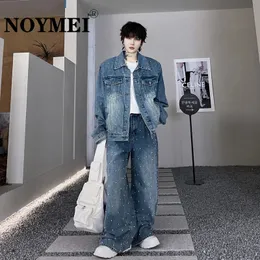 NOYMEI Sonbahar Takımları İnci Perçin Dekorasyonu Denim Yakası Ceket Düz Geniş Bacak Jean Mens Gevşek İki Parça Set WA2949 240419