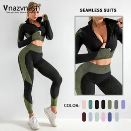 Vnazvnasi 2 PCSシームレススポーツスーツプッシュアップタイツクイックドライヨガセットフィットネストレーニング服スポーツウェアジム衣装240425