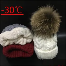 Beanie/Skull Caps Womens Hats Add Veet Fleece Inside Beanies Winter For Women 100% Raccoon Fur Pompom Hat Female Twist Pattern 240202 Dh2To