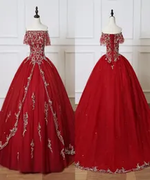 Burgundy Quinceanera Dresses 2023 Long Ball Gown Prom Dress Sweet Sweet 16 Girls Off Shoulder Sliver 자수 멍청이 15 ANOS5802614