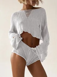 Roupas de tracksuits femininos malha no maiô de malha de roupas sólidas rasgadas de luva longa com tampas de colheita com shorts de cordão