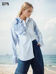 Kvinnors blusar BPN Casual Patchwork -applikationer Skjortor för kvinnor taple långärmad solid skarvad enkelbröst minimalistisk kvinnlig stil