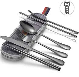 Sunhanny Dinnerwares Set Travel Camping Castlery Set wiederverwendbares Besteck mit Metallstrohlöffel -Gabel -Stäbchen und tragbarer Hülle T25026951