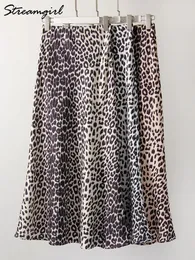 تنورات Streamgirl Summer Fishtail Leopard Skirt Women Satin Long High High Weist Vintage Slim Elegant 2024