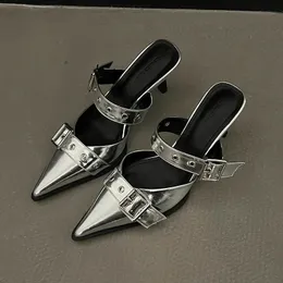 Punk Goth Metal Buckle High Heels Womens Sandals Summer Pointed Toe Silver Party Shoes Fashion Womens Pumps Shoes Tacones 240429