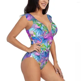 Women's Swimwear Women Neon Tropical Botanical Flamingos Palms One Piece Sexy Ruffle Swimsuit Summer Beach Wear Slimming Bathing Suit