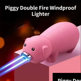 Lighters New Cute Piggy Butane Windproof 2 Jet Lighter Torch Turbine Personality Cigarette Accessories Gas Inflated Fun Gadgets Bar Dr Dhneu