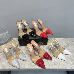 En kaliteli PVC sivri yüksek topuklu sandalet moda stiletto topuklu katır terlikleri slayt tasarımcı elbise ayakkabıları kadınlar için parti parti akşam ayakkabıları 35-42 kutu