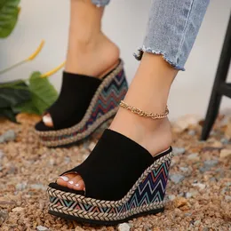 Summer Large Size Womens Sandals House Slippers Wedge Platform Slides Fashion Peep Toe Women Heels Luxury Rome PU Cotton Fabric 240425