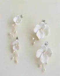 White Ceramic Flower Earrings Wedding Bridal Jewelry Set Freshwater Pearls Flowers Floral Earring Fashion Charm Dropping Long Drop2771534