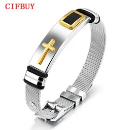 Cifbuy-Punk-Armband für Männer Länge 16,5-21 cm Netzbandband Edelstahl Schwarz/ Gold Farbe Männliche Wickelarmbänder GH8789855498