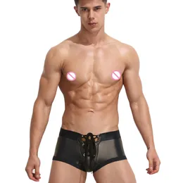 3 färger Fashion Low Rise Men Boxer Shorts Tight Faux Leather Shorts DrawString Elastic Midjet Briefs Sexig Metallic Night Clubwear 289L