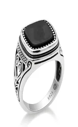 925 Sterling Silver Männer Ring mit Suqare Natural Black Stone Geschnitztes Design Thai Silber Ring für Frauen Männer Turkischer Schmuck 8773591