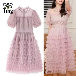 Party Dresses Tingfly Summer Elegant Soft Girl Pink Color Ruffles Sheer Princess A Line Layed Dress Elbise Midi Long Vestidos