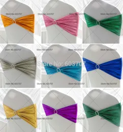 16COLOR ELÁSTICO BRONZING METALIC SPANDEX Cadeira Bandchair Bow com fivela de plástico redonda para uso de casamento8257423