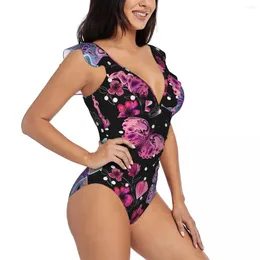 Women's Swimwear Sexy One Piece Swimsuit Push Up Pink Flower Butterflies Dark Print Women Ruffle Monokini Bodysuit Bathing Suit