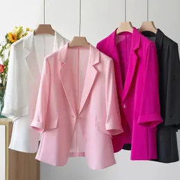 Women Solid Blazers Coat Fashion Slim Suits Female Casual ThreeQuarter Sleeve Chic Tops Thin Office Lady Blazer Spring Summer 240430