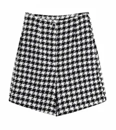 TRAF Mulher Moda Houndstooth Tweed Bermuda shorts vintage High Solping Zipper Fly Female Pants Short Mujer 2204018060737
