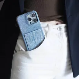Denim-textured Fabric Card Holder Pocket Phone Case for Apple iPhone 15 Pro Max 14 Plus 13 12 Cowboy Style Camera Lens Bump Hard PC Shell Back Cover Coque Fundas Blue88