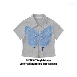 Frauen Tanks American Retro Butterfly Patch Polo Kragen Kurzarm Shirt Girl Reißverschluss Design Nische Top Sommer Y2K Ins Emo