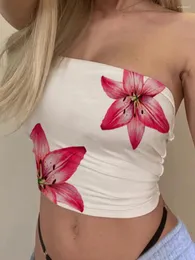 Kobiety damskie Summer Y2K kwiatowy nadruk bez ramienia Topy Smocked Crop Kobiety Sexy Slim Fit Off Backerless Bandeau Streetwear