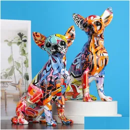 장식용 물체 인형 단순한 창조적 인 컬러 Bldog Chihuahua 개 동상 거실 장식품 가정용 입구 와인 캐비닛 사무실 OTMEJ