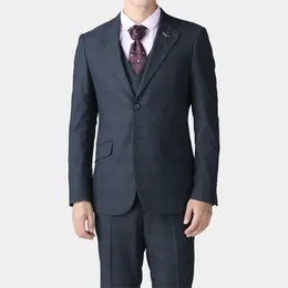 Men's Suits (Customized Size) Navy Blue Subtle Plaid Three-Piece For Men Original Design Formal Occasions Weddings Elegant Blazers