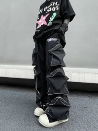 Y2k Cargo Pants Men Five Pointed Star Three Dimensional Multi Pocket Black Pants Reflective Casual Straight Leg Pants Streetwear 240429