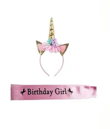 유니콘 생일 소녀 세트 반짝이는 금 반짝이 유니콘 헤드 밴드와 생일 소녀 새시 완벽한 유니콘 테마 생일 파티 호의 G7199457