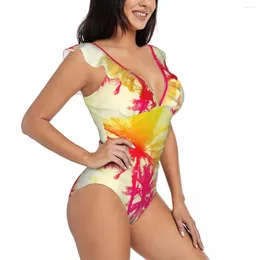 Swimwear's Swimwear Women One Piece Swimsuit Palma astratto con Sunset Sky Female Swimming Push Up Monokini Sexy Buffle Bareding Camera