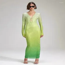 Casual Dresses Trendy Fashion Cross-Border Rhinestone Gradient Green Dress European och American Long Sleeve Deep V Party